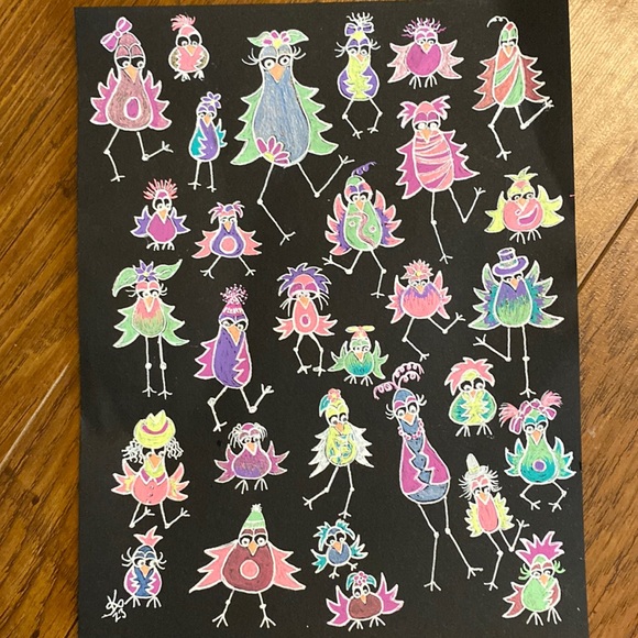 Unframed Original Art in Gel Pen on Black Paper Flocking Strange Birds - Picture 1 of 9